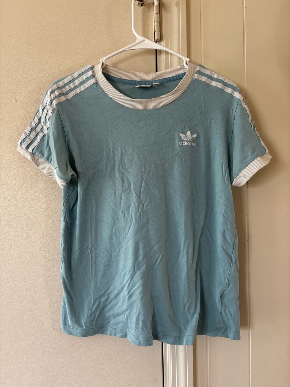 Adidas Woman’s Light Blue Trefoil Ringer T-Shirt